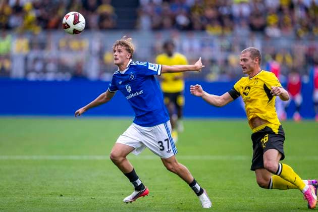 29.08.2026: Fußball, 1. Bundesliga: Borussia Dortmund - Hamburger SV, im Signal-Iduna-Park. Louis Lemke (Hamburger SV) (l) und Julian Ryerson (Borussia Dortmund) kämpfen um den Ball. WICHTIGER HINWEIS: Gemäß den Vorgaben der DFL und des DFB ist es untersagt, in dem Stadion und oder vom Spiel angefertigte Fotoaufnahmen in Form von Sequenzbildern und oder videoähnlichen Fotostrecken zu verwerten bzw. verwerten zu lassen. *** August 29, 2026 Soccer, Bundesliga 1: Borussia Dortmund vs. Hamburger SV, at Signal Iduna Park. Louis Lemke (Hamburger SV) and Julian Ryerson (Borussia Dortmund) battle for the ball. IMPORTANT NOTICE: In accordance with DFL and DFB regulations, it is prohibited to use or allow the use of photographs taken in the stadium and or during the game in the form of sequential images and or video-like photo series Copyright: xDavidxInderliedx
