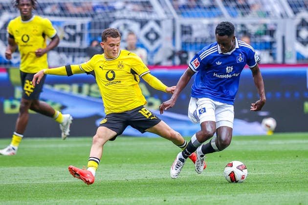 2026.08.29, xkwix, Fußball, Bundesliga, Borussia Dortmund - Hamburger SV, Signal Iduna Park, 1.Spieltag, Saison 2026 2027: Konstantinos Karetsas (Borussia Dortmund 19) im Zweikampf gegen Albert Sambi Lokonga (Hamburger SV 6) DFB regulations prohibit any use of photographs as image sequences and or quasi-video. Photo: xKamilxWilkowskixPressefotoKochx Nordrhein-Westfalen Deutschland *** August 29, 2026, xkwix, Soccer, Bundesliga, Borussia Dortmund vs. Hamburger SV, Signal Iduna Park, Matchday 1, 2026–2027 Season: Konstantinos Karetsas of Borussia Dortmund (No. 19) in a tackle against Albert Sambi Lokonga of Hamburger SV (No. 6). DFB regulations prohibit any use of photographs as image sequences and or quasi-video. Photo: xKamilxWilkowskixPressefotoKochx, North Rhine-Westphalia, Germany