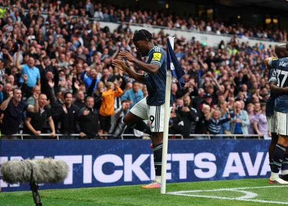 29th August 2026; Tottenham Hotspur Stadium, London, England; Premier League Football, Tottenham Hotspur versus Newcastle United; Anthony Elanga of Newcastle United celebrates after scoring his sides 1st goal in the 62nd minute to make it 0-1 JohnxPatrickxFletcher
