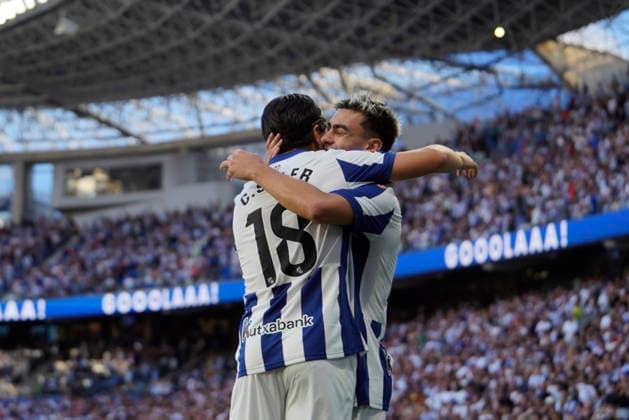 Ander Barrenetxea of Real Sociedad seen in action during the La Liga EA Sports football match between Real Sociedad and RCD Espanyol de Barcelona at Estadio Anoeta on August 29, 2026 in San Sebastian, Spain. (Mickael Ducint Ball Raw Images) San Sebastian Estadio Anoeta Spain Copyright: xMickaelxDucintx mickaelducint_RealSociedad_Espanyol367