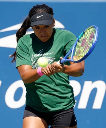 Naomi Osaka of Japan practices with Alexandra Eala of the Philippines on The Grandstand Court at the 2026 US Open Tennis Championship at the USTA Billie Jean King National Tennis Center in New York City on Saturday, August 29, 2026.  NYP20260829132 JOHNxANGELILLO