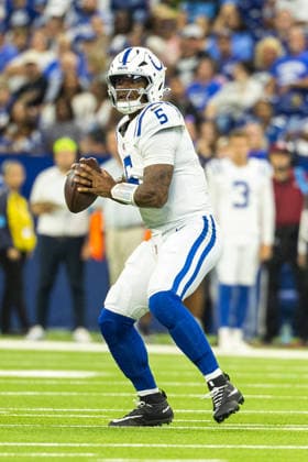 Aug 29, 2026; Indianapolis, Indiana, USA; Indianapolis Colts quarterback Anthony Richardson (5) passes the ball during NFL, American Football Herren, USA preseason game action against the Detroit Lions at Lucas Oil Stadium. Mandatory Credit: -Cal Media Indianapolis USA - ZUMAc04_ 20260829_zma_c04_002 Copyright: xJohnxMersitsx