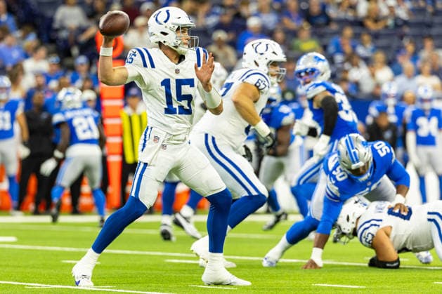 Aug 29, 2026; Indianapolis, Indiana, USA; Indianapolis Colts quarterback Riley Leonard (15) passes the ball during NFL, American Football Herren, USA preseason game action between the Indianapolis Colts and the Detroit Lions at Lucas Oil Stadium. Mandatory Credit: -Cal Media NFL 2026: Lions Vs Colts AUG 29  - ZUMAc04_ 20260829_zma_c04_005 Copyright: xJohnxMersitsx