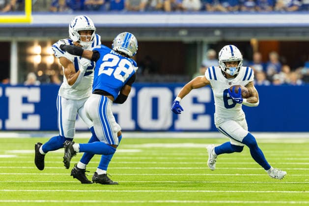 Aug 29, 2026; Indianapolis, Indiana, USA; Indianapolis Colts wide receiver Anthony Gould (6) runs with the ball during NFL, American Football Herren, USA preseason game action against the Detroit Lions at Lucas Oil Stadium. Mandatory Credit: -Cal Media Indianapolis USA - ZUMAc04_ 20260829_zma_c04_014 Copyright: xJohnxMersitsx