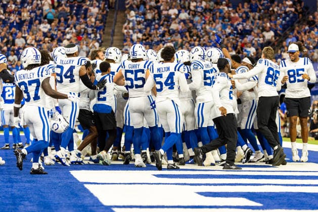 NFL, American Football Herren, USA 2026: Lions Vs Colts AUG 29 Aug 29, 2026; Indianapolis, Indiana, USA; Indianapolis Colts players celebrate a touchdown during NFL preseason game action against the Detroit Lions at Lucas Oil Stadium. Mandatory Credit: John Mersits-Cal Media (Credit Image: Â John Mersits Cal Sport Media) Indianapolis Indiana USA EDITORIAL USE ONLY Copyright: xx ZUMA-20260829_zma_c04_012.jpg JohnxMersitsx csmphotothree515226