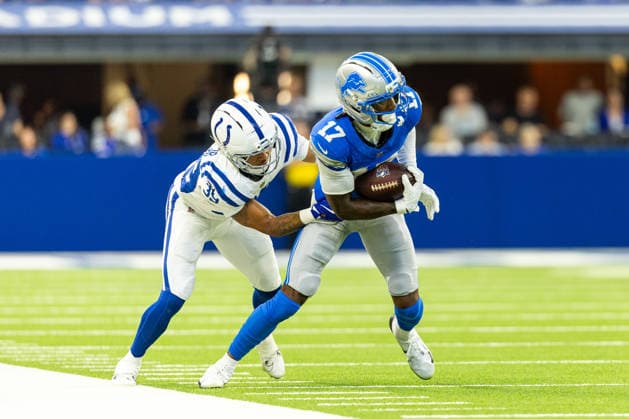NFL, American Football Herren, USA 2026: Lions Vs Colts AUG 29 Aug 29, 2026; Indianapolis, Indiana, USA; Detroit Lions safety Dan Jackson (17) runs with the ball as Indianapolis Colts defensive back Rob Carter Jr. (39) looks to make the tackle during NFL preseason game action between the Indianapolis Colts and the Detroit Lions at Lucas Oil Stadium. Mandatory Credit: John Mersits-Cal Media (Credit Image: Â John Mersits Cal Sport Media) Indianapolis Indiana USA EDITORIAL USE ONLY Copyright: xx ZUMA-20260829_zma_c04_003.jpg JohnxMersitsx csmphotothree515235