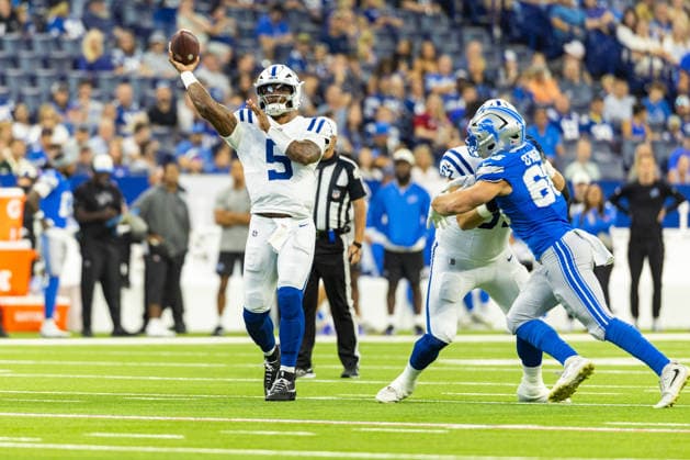 NFL, American Football Herren, USA 2026: Lions Vs Colts AUG 29 Aug 29, 2026; Indianapolis, Indiana, USA; Indianapolis Colts quarterback Anthony Richardson (5) passes the ball during NFL preseason game action against the Detroit Lions at Lucas Oil Stadium. Mandatory Credit: John Mersits-Cal Media (Credit Image: Â John Mersits Cal Sport Media) Indianapolis Indiana USA EDITORIAL USE ONLY Copyright: xx ZUMA-20260829_zma_c04_026.jpg JohnxMersitsx csmphotothree515212