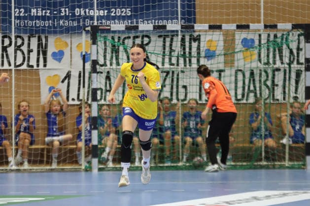 Handball, Alsco HBF1: HC Leipzig - Borussia Dortmund; 29.08.2026 Lisa Lammich (76, HC Leipzig) bejubelt ein Siebenmeter-Tor. Alsco Handball Bundesliga Frauen HBF1, Saison 2026 2027, 1. Spieltag: HC Leipzig vs. Borussia Dortmund am 29.08.2026 im Sportcenter Markranstädt. Copyright: xBEAUTIFULxSPORTS JanxKaeferx