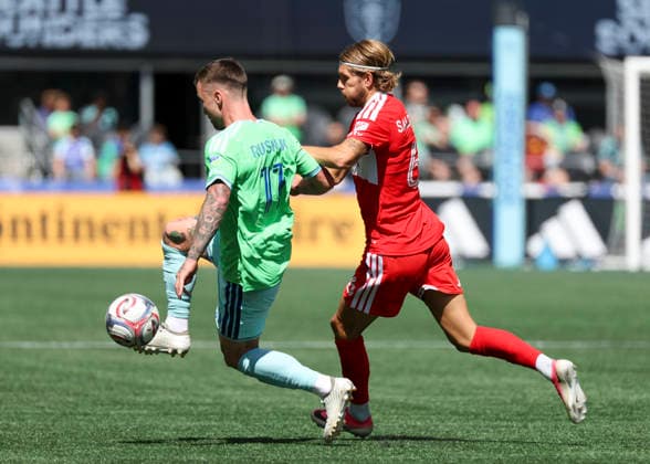 SEATTLE, WA - AUGUST 29: Seattle Sounders FC midfielder Albert Rusnak (11) keeps the ball away from Chicago Fire FC midfielder Anton SalÃ tros (6) in the first half during the MLS, Fussball Herren, USA match between Chicago Fire FC and Seattle Sounders FC on August 29, 2026 at Lumen Field in Seattle, Washington. (Photo by Leslie Plaza Johnson Icon Sportswire) SOCCER: AUG 29 MLS Seattle Sounders FC vs Chicago Fire FC EDITORIAL USE ONLY Icon260829006