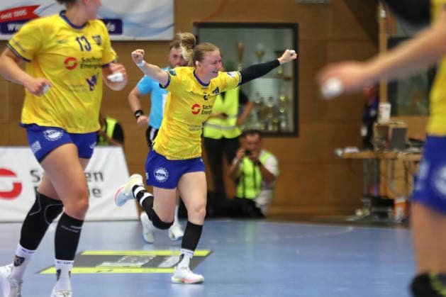 Handball, Alsco HBF1: HC Leipzig - Borussia Dortmund; 29.08.2026 Pauline Uhlmann (2, HC Leipzig) bejubelt ein Tor. Alsco Handball Bundesliga Frauen HBF1, Saison 2026 2027, 1. Spieltag: HC Leipzig vs. Borussia Dortmund am 29.08.2026 im Sportcenter Markranstädt. Copyright: xBEAUTIFULxSPORTS JanxKaeferx