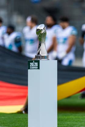 The European League of Football championship trophy stands on a pedestal during the pregame ceremony. 29.08.2026, Innsbruck, European Football Alliance, Championship Game, Munich Ravens - Nordic Storm. Innsbruck Tivoli Stadium Austria Copyright: xPFA RicoxDoninellix