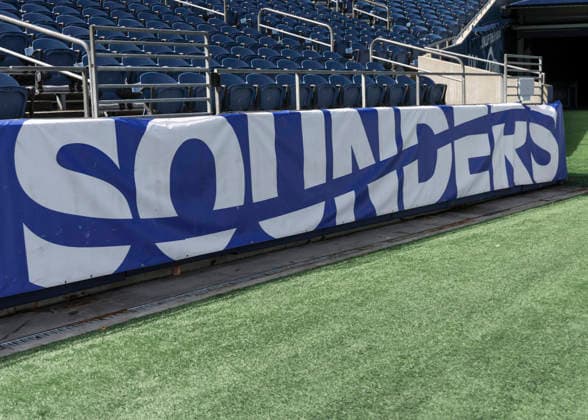 SEATTLE, WA - AUGUST 29: Wall wrap with Seattle Sounders FC graphic lines the wall behind the baseline during the MLS, Fussball Herren, USA match between Chicago Fire FC and Seattle Sounders FC on August 29, 2026 at Lumen Field in Seattle, Washington. (Photo by Leslie Plaza Johnson Icon Sportswire) SOCCER: AUG 29 MLS Seattle Sounders FC vs Chicago Fire FC EDITORIAL USE ONLY Icon260829044
