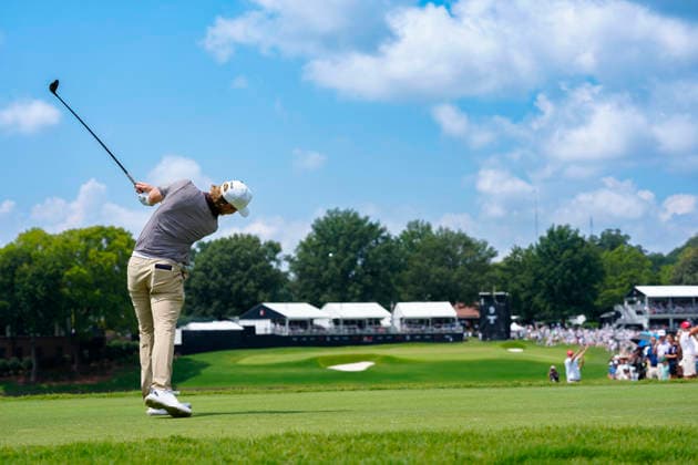 August 29, 2026, Atlanta, Georgia, USA: Kristoffer Reitan (Norway) hits his tee shot on the 9th hole, during the third round at East Lake Golf Club. PGA, Golf Herren Tour TOUR Championship  - ZUMAd212 20260829_zsp_d212_124 Copyright: xRichardxDolex
