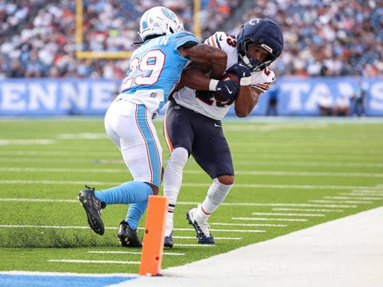 Aug 29, 2026; Nashville, Tennessee, USA; Chicago Bears running back Roschon Johnson (23) shy of the goal line by Tennessee Titans cornerback Keydrain Calligan (29) during the NFL, American Football Herren, USA preseason game between the Chicago Bears and the Tennessee Titans at Nissan Stadium (Nashville). Mandatory Credit: -Cal Media Nashville USA - ZUMAc04_ 20260829_zma_c04_091 Copyright: xStephenxFurstx