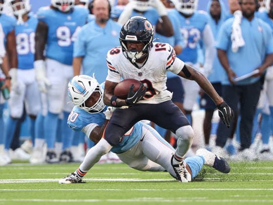 Aug 29, 2026; Nashville, Tennessee, USA; Chicago Bears wide receiver Maurice Alexander (13) tries to escape the tackle from Tennessee Titans defensive back Kendell Brooks (30) during the NFL, American Football Herren, USA preseason game between the Chicago Bears and the Tennessee Titans at Nissan Stadium (Nashville). Mandatory Credit: -Cal Media NFL 2026: Bears Vs Titans AUG 29  - ZUMAc04_ 20260829_zma_c04_089 Copyright: xStephenxFurstx