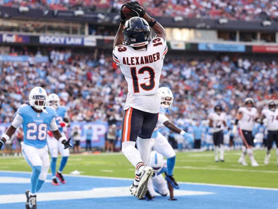 Aug 29, 2026; Nashville, Tennessee, USA; Chicago Bears wide receiver Maurice Alexander (13) catches a pass for a touchdown during the NFL, American Football Herren, USA preseason game between the Chicago Bears and the Tennessee Titans at Nissan Stadium (Nashville). Mandatory Credit: -Cal Media NFL 2026: Bears Vs Titans AUG 29  - ZUMAc04_ 20260829_zma_c04_090 Copyright: xStephenxFurstx