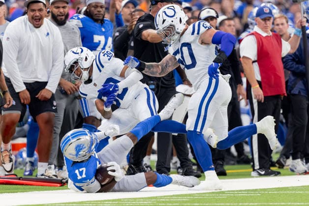 August 29, 2026, Indianapolis, Indiana, U.S: Detroit Lions wide receiver Tay Martin (17) is tackled by Indianapolis Colts defensive back Rob Carter Jr. (39) and Indianapolis Colts linebacker Bryce Boettcher (50) during the preseason game between the Detroit Lions and the Indianapolis Colts at Lucas Oil Stadium, Indianapolis, Indiana. NFL, American Football Herren, USA 2026 Lions 25-16 Colts  - ZUMAs304 20260829_zaf_s304_045 Copyright: xScottxStuartx
