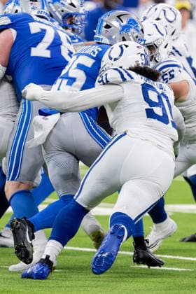 August 29, 2026, Indianapolis, Indiana, U.S: Detroit Lions running back Jacob Saylors (25) is tackled by Indianapolis Colts defensive lineman Jaylahn Tuimoloau (91) on a kick return during the preseason game between the Detroit Lions and the Indianapolis Colts at Lucas Oil Stadium, Indianapolis, Indiana. NFL, American Football Herren, USA 2026 Lions 25-16 Colts  - ZUMAs304 20260829_zaf_s304_058 Copyright: xScottxStuartx
