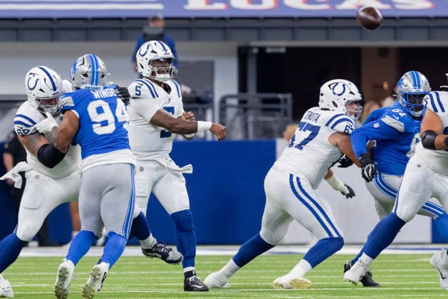August 29, 2026, Indianapolis, Indiana, U.S: Indianapolis Colts quarterback Anthony Richardson (5) passes from the pocket during the preseason game between the Detroit Lions and the Indianapolis Colts at Lucas Oil Stadium, Indianapolis, Indiana. NFL, American Football Herren, USA 2026 Lions 25-16 Colts  - ZUMAs304 20260829_zaf_s304_091 Copyright: xScottxStuartx