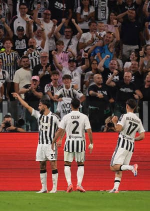 Juventus v Parma - Serie A - Allianz Stadium Turin, Italy, 29th August 2026. Nico Gonzalez of Juventus celebrates with team mates Mehmet Celik and Kerim Alajbegovic after scoring to give the hosts a 1-0 lead during the Juventus vs Parma Serie A match at Allianz Stadium, Turin. Picture credit should read: Jonathan Moscrop Turin Allianz Stadium Italy