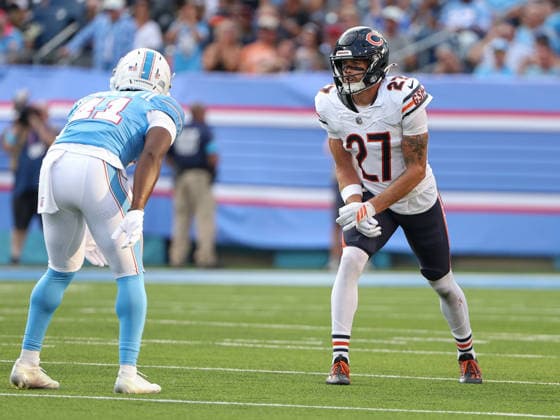 Aug 29, 2026; Nashville, Tennessee, USA; Chicago Bears wide receiver Kaden Davis (27) lines up against Tennessee Titans safety Erick Hallett II (41) during the NFL, American Football Herren, USA preseason game between the Chicago Bears and the Tennessee Titans at Nissan Stadium (Nashville). Mandatory Credit: -Cal Media NFL 2026: Bears Vs Titans AUG 29  - ZUMAc04_ 20260829_zma_c04_207 Copyright: xStephenxFurstx