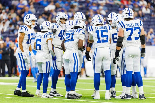 Aug 29, 2026; Indianapolis, Indiana, USA; Indianapolis Colts offense huddles during NFL, American Football Herren, USA preseason game action against the Detroit Lions at Lucas Oil Stadium. Mandatory Credit: -Cal Media NFL 2026: Lions Vs Colts AUG 29  - ZUMAc04_ 20260829_zma_c04_224 Copyright: xJohnxMersitsx