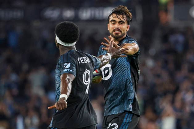 August 29, 2026, St. Paul, Minnesota, United States: Minnesota United FC forward MARCUS CALDEIRA (22) celebrates a goal with his teammate Minnesota United FC forward KELVIN YEBOAH (9). Minnesota United hosted Orlando City on August 29th. The teams faced off at Allianz Field in St. Paul, Minnesota. The game ended in a draw 3-3. MLS, Fussball Herren, USA 2026 - Minnesota United 3:3 Orlando City  - ZUMAt166 20260829_zsp_t166_003 Copyright: xMichaelxTurnerx