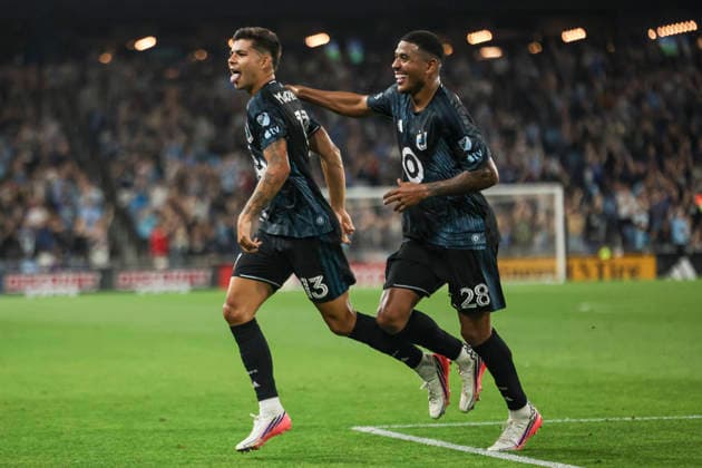August 29, 2026, St. Paul, Minnesota, United States: Minnesota United FC defense ANTHONY MARKANICH (13) and Minnesota United FC defense JEFFERSON DIAZ (28) celebrate a goal together. Minnesota United hosted Orlando City on August 29th. The teams faced off at Allianz Field in St. Paul, Minnesota. The game ended in a draw 3-3. St. Paul United States - ZUMAt166 20260829_zsp_t166_026 Copyright: xMichaelxTurnerx