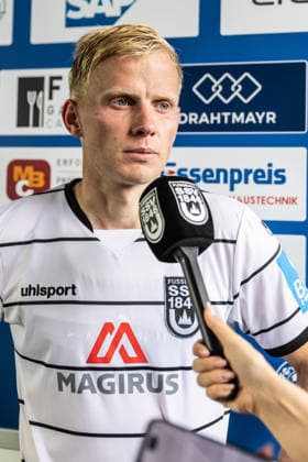 FC-Astoria Walldorf vs. SSV Ulm 1846 Fußball, Fussball, Regionalliga, 4. Spieltag, Dietmar-Hopp-Sportpark Walldorf 29.08.26 Interview Stimmen zum Spiel Per Lockl (SSV Ulm 1846 Fußball, 08) FC-Astoria Walldorf vs. SSV Ulm 1846 Fußball, Fussball, Regionalliga, 4. Spieltag, Dietmar-Hopp-Sportpark Walldorf 29.08.26 Foto: Lucca Fundel Walldorf Dietmar-Hopp-Sportpark Baden-Württemberg Deutschland