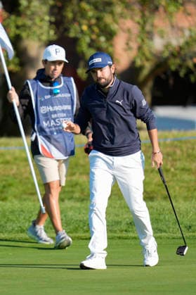 SUTTON COLDFIELD, ENGLAND - AUG 30: Angel Hidalgo (ESP) reacts after holing a putt for birdie on the seventeenth green during the delayed Round 3 at the 2026 Husqvarna British Masters at The Belfry, Sutton Coalfield on August 30, 2026 in Warwickshire, England The 2026 Husqvarna British Masters