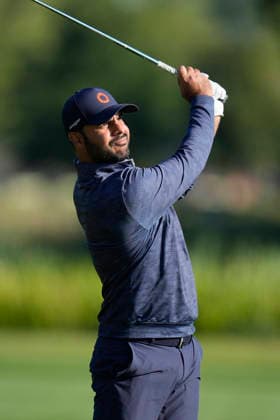 SUTTON COLDFIELD, ENGLAND - AUG 30: Shubhankar Sharma (IND) plays from the eighteenth fairway during the delayed Round 3 at the 2026 Husqvarna British Masters at The Belfry, Sutton Coalfield on August 30, 2026 in Warwickshire, England The 2026 Husqvarna British Masters