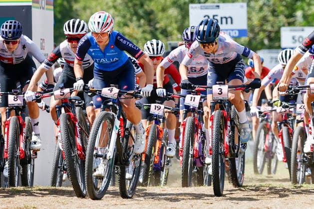 TRENTO, ITALY - AUGUST 30: Martina Berta from Italy L) and Savilia Blunk from the United States R) at the start during the Uci Mountainbike World Championship, WM, Weltmeisterschaft - Women Elite Cross-County World Championships at Val di Sole on August 30, 2026 in Trento, Italy. Trento Val di Sole Trento Italy Copyright: xJustPictures.ch FrancescoxMinghettix jp-en-EuSpIm-JP6_FRM_UCIWC_GRLXCO_30Aug_000185