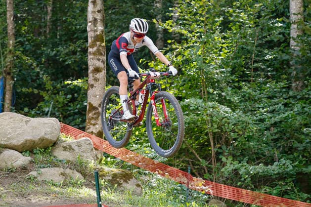 TRENTO, ITALY - AUGUST 30: Sina Frei from Switzerland in action during the Uci Mountainbike World Championship, WM, Weltmeisterschaft - Women Elite Cross-County World Championships at Val di Sole on August 30, 2026 in Trento, Italy. Trento Val di Sole Trento Italy Copyright: xJustPictures.ch FrancescoxMinghettix jp-en-EuSpIm-JP6_FRM_UCIWC_GRLXCO_30Aug_000213