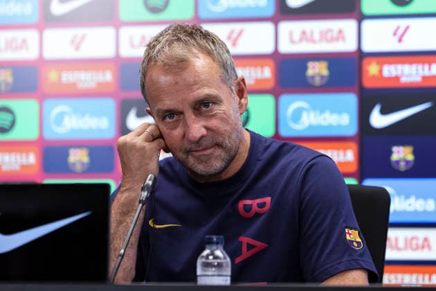 August 30, 2026, Sant Joan Despi, Barcelona, Spain: Hansi Flick, head coach of FC Barcelona, Barca attends his press conference, PK, Pressekonferenz during the training day of FC Barcelona ahead the Spanish League, LaLiga EA Sports, football match against Rayo Vallecano at Ciudad Esportiva Joan Gamper on August 30, 2026 in Sant Joan Despi, Barcelona, Spain. Sant Joan Despi Spain - ZUMAa181 20260830_zaa_a181_044 Copyright: xJavierxBorregox