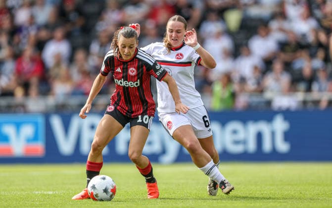 GER, Frankfurt, Eintracht Frankfurt vs 1. FC Nürnberg, Google Pixel Frauen Bundesliga, Fussball, DFB, Spielzeit 2026 2027, Stadion am Brentanobad, 2. Spieltag im Bild v.l.: Hayley Raso (Eintracht Frankfurt Frauen 16), Charline Coutel (FC Nürnberg Frauen 6), Zweikampf DFB DFL REGULATIONS PROHIBIT ANY USE OF PHOTOGRAPHS AS IMAGE SEQUENCES AND OR QUASI-VIDEO, 30.08.2026 *** GER, Frankfurt, Eintracht Frankfurt vs. 1. FC Nürnberg, Google Pixel Women s Bundesliga, Soccer, DFB, 2026–2027 Season, Stadion am Brentanobad, Matchday 2 in pictures (from left): Hayley Raso, Eintracht Frankfurt Women s Team, No. 16, Charline Coutel, FC Nuremberg Women No. 6, tackle. DFB and DFL regulations prohibit any use of photographs as image sequences and or quasi-video. August 30, 2026 Copyright: HMBxMedia HendrikxHamelau
