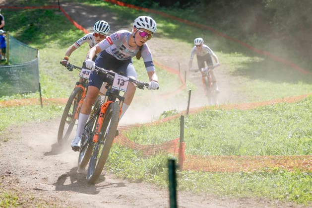 TRENTO, ITALY - AUGUST 30: Madigan Munro from the United States followed by Luisa Daubermann from Germany L) during the Uci Mountainbike World Championship, WM, Weltmeisterschaft - Women Elite Cross-County World Championships at Val di Sole on August 30, 2026 in Trento, Italy. Trento Val di Sole Trento Italy Copyright: xJustPictures.ch FrancescoxMinghettix jp-en-EuSpIm-JP6_FRM_UCIWC_GRLXCO_30Aug_000226