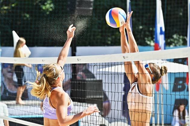 From left, Oleksandra Shkarupa from Austria and Mariana Tomasova from Czech Republic in action during the World Beach volleyball, Beachvolleyball Pro Tour, category Futures, on August 30, 2026, in Brno, Czech Republic. (CTKxPhoto PatrikxUhlir) CTKPhotoP2026083003024  CTKPhotoP2026083003024