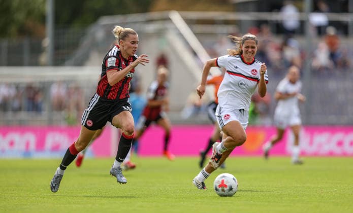 GER, Frankfurt, Eintracht Frankfurt vs 1. FC Nürnberg, Google Pixel Frauen Bundesliga, Fussball, DFB, Spielzeit 2026 2027, Stadion am Brentanobad, 2. Spieltag im Bild v.l.: Laura Freigang (Eintracht Frankfurt Frauen 10), Laura Miller (FC Nürnberg Frauen 9) DFB DFL REGULATIONS PROHIBIT ANY USE OF PHOTOGRAPHS AS IMAGE SEQUENCES AND OR QUASI-VIDEO, 30.08.2026 *** GER, Frankfurt, Eintracht Frankfurt vs. 1. FC Nuremberg, Google Pixel Women s Bundesliga, Soccer, DFB, 2026–2027 Season, Stadion am Brentanobad, Matchday 2 in pictures (from left): Laura Freigang, Eintracht Frankfurt Women s Team No. 10, Laura Miller, FC Nuremberg Women No. 9. DFB and DFL regulations prohibit any use of photographs as image sequences and or quasi-video. August 30, 2026 Copyright: HMBxMedia HendrikxHamelau
