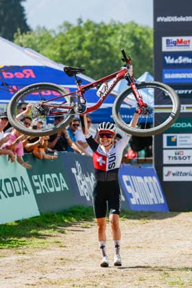 TRENTO, ITALY - AUGUST 30: Sina Frei from Switzerland celebrates victory and she™s the 2026 world champion during the Uci Mountainbike World Championship, WM, Weltmeisterschaft - Women Elite Cross-County World Championships at Val di Sole on August 30, 2026 in Trento, Italy. Trento Val di Sole Trento Italy Copyright: xJustPictures.ch FrancescoxMinghettix jp-en-EuSpIm-JP6_FRM_UCIWC_GRLXCO_30Aug_000246
