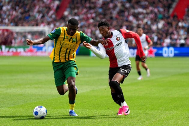 Eredivisie: Feyenoord Rotterdam v ADO Den Haag Rotterdam - Othniel Raterink of ADO Den Haag duels for the ball with Gaoussou Diarra of Feyenoord Rotterdam during the fourth competition round of the 2026 2027 Eredivisie season. The match is set between Feyenoord Rotterdam and ADO Den Haag at De Kuip on 30 August 2026 in Rotterdam, The Netherlands. (Hero Images Yannick Verhoeven) Copyright: xYannickxVerhoevenx