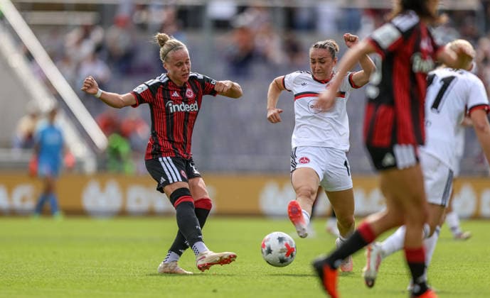 GER, Frankfurt, Eintracht Frankfurt vs 1. FC Nürnberg, Google Pixel Frauen Bundesliga, Fussball, DFB, Spielzeit 2026 2027, Stadion am Brentanobad, 2. Spieltag im Bild v.l.: Pia Sophie-Wolter (Eintracht Frankfurt Frauen 17), Lara Meroni (FC Nürnberg Frauen 11) DFB DFL REGULATIONS PROHIBIT ANY USE OF PHOTOGRAPHS AS IMAGE SEQUENCES AND OR QUASI-VIDEO, 30.08.2026 *** GER, Frankfurt, Eintracht Frankfurt vs. 1. FC Nürnberg, Google Pixel Women s Bundesliga, Soccer, DFB, 2026–2027 Season, Stadion am Brentanobad, Matchday 2 in pictures: from left, Pia Sophie Wolter, Eintracht Frankfurt Women s U-17, Lara Meroni, FC Nuremberg Women’s Team No. 11. DFB and DFL regulations prohibit any use of photographs as image sequences and or quasi-video. August 30, 2026 Copyright: HMBxMedia HendrikxHamelau