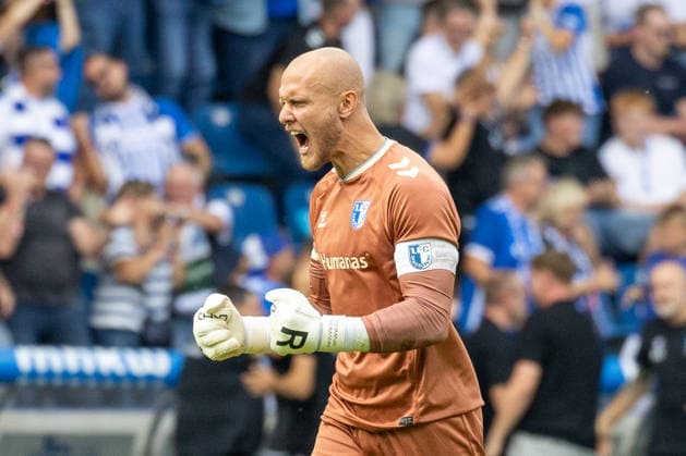 Deutschland: 2.Bundesliga, Saison 2026 2027, 30.08.2026, 3. Spieltag, 1.FC Magdeburg vs Holstein Kiel, Avnet Arena : Torjubel nach dem Tor zum 2:0 für den 1.FC Magdeburg durch Torschütze Luka Hyrylaeinen (1.FC Magdeburg, 38), Dominik Reimann (1.FC Magdeburg, 1) *** Germany 2. Bundesliga, 2026–2027 Season, August 30, 2026, Matchday 3, 1 FC Magdeburg vs. Holstein Kiel, Avnet Arena: Celebrations after 1 FC Magdeburg’s 2–0 goal scored by Luka Hyrylaeinen (1 FC Magdeburg, 38), Dominik Reimann (1 FC Magdeburg), 1 Copyright: xMichellexLukax