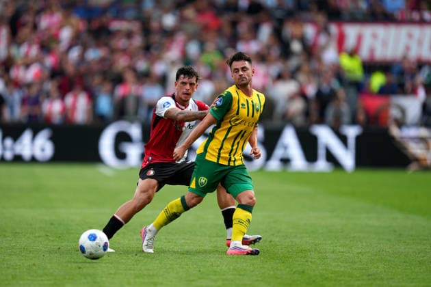 Eredivisie: Feyenoord Rotterdam v ADO Den Haag Rotterdam - Javier Lopez of Feyenoord Rotterdam duels for the ball with Daryl van Mieghem of ADO Den Haag during the fourth competition round of the 2026 2027 Eredivisie season. The match is set between Feyenoord Rotterdam and ADO Den Haag at De Kuip on 30 August 2026 in Rotterdam, The Netherlands. (Hero Images Yannick Verhoeven) Copyright: xYannickxVerhoevenx