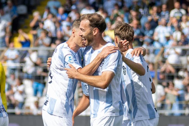 Torjubel zum 1:0, TSV 1860 Muenchen. Michael Eberwein 13 (TSV 1860 Muenchen), TSV 1860 von Muenchen vs. TSV Landsberg, Fussball, Regionalliga Bayern, 6. Spieltag, 30.08.2026 DFB regulations prohibit any use of photographs as image sequences and or quasi-video Muenchen Bayern Deutschland