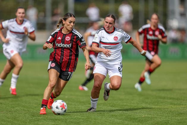GER, Frankfurt, Eintracht Frankfurt vs 1. FC Nürnberg, Google Pixel Frauen Bundesliga, Fussball, DFB, Spielzeit 2026 2027, Stadion am Brentanobad, 2. Spieltag im Bild v.l.: Ereleta Memeti (Eintracht Frankfurt Frauen 7), Charline Coutel (FC Nürnberg Frauen 6), Zweikampf DFB DFL REGULATIONS PROHIBIT ANY USE OF PHOTOGRAPHS AS IMAGE SEQUENCES AND OR QUASI-VIDEO, 30.08.2026 *** GER, Frankfurt, Eintracht Frankfurt vs. 1. FC Nürnberg, Google Pixel Women s Bundesliga, Soccer, DFB, 2026–2027 Season, Stadion am Brentanobad, Matchday 2 in pictures (from left): Ereleta Memeti, Eintracht Frankfurt Women 7, Charline Coutel, FC Nürnberg Women 6, tackle. DFB and DFL regulations prohibit any use of photographs as image sequences and or quasi-video. August 30, 2026 Copyright: HMBxMedia HendrikxHamelau