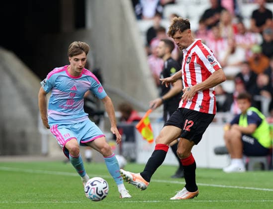 Sunderland, England, 30th August 2026. Thomas Meunier of Sunderland (r) and Cesar Palacios of Fulham (l) during the Sunderland vs Fulham Premier League match at the Stadium Of Light, Sunderland. Picture credit should read: Nigel Roddis Sportimage EDITORIAL USE ONLY. No use with unauthorised audio, video, data, fixture lists, club league logos or live services. Online in-match use limited to 120 images, no video emulation. No use in betting, games or single club league player publications. SPI_018_NR_Sunderland_Fulham SPI-4949-0018