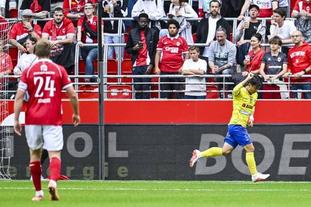 STVV s Ryotaro Araki celebrates after scoring during a soccer match between Royal Antwerp FC and Sint-Truidense V.V., Sunday 30 August 2026 in Antwerp, on day 4 of the 2026-2027 Jupiler Pro League first division of the Belgian championship. TOM GOYVAERTS TomxGoyvaerts  x184747707x
