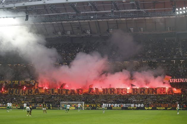 STOCKHOLM, SVERIGE 20260830 AIKs supportar under söndagens fotbollsmatch i allsvenskan mellan AIK och Hammarby IF pa Strawberry Arena. STOCKHOLM SVERIGE x1081x Copyright: xFredrikxPerssonx TTx ALLSVENSKAN AIK-HAMMARBY