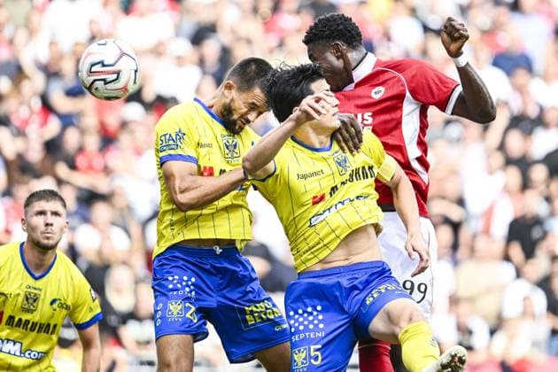 STVV s Visar Musliu and Antwerp s Luis Narh pictured in action during a soccer match between Royal Antwerp FC and Sint-Truidense V.V., Sunday 30 August 2026 in Antwerp, on day 4 of the 2026-2027 Jupiler Pro League first division of the Belgian championship. TOM GOYVAERTS TomxGoyvaerts  x184748059x