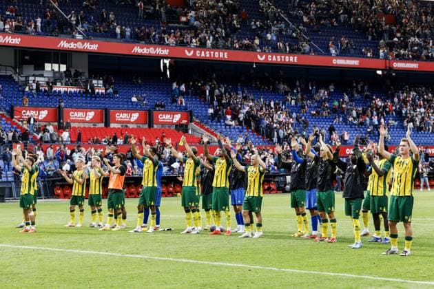 ROTTERDAM - ADO Den Haag players celebrate a 2-2 draw during the Dutch Eredivisie match between Feyenoord Rotterdam and ADO Den Haag at De Kuip stadium on August 30, 2026, in Rotterdam, the Netherlands. MAURICE VAN STEEN ANP Eredivisie 2026 27 xVIxANPxSportx xxANPxIVx 566601221 originalFilename: 566601221.jpg